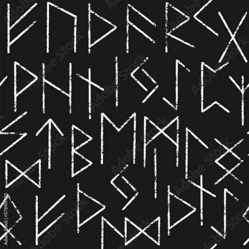 Magic symbols seamless pattern, black-white signs - Archaic gothic folk art. Ethnic background. Magic and magical art. Pagan signs. 