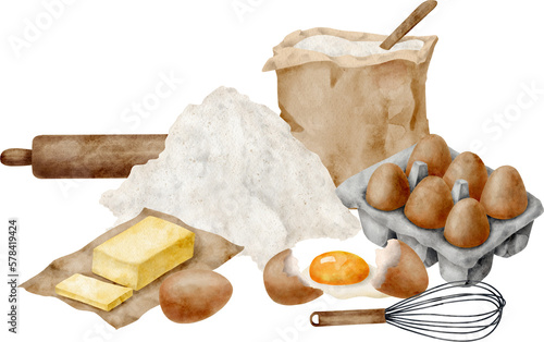 Watercolor baking ingredients composition. Hand drawn flour, eggs, butter,rolling pin and whisk isolated on transparent background. Cooking pastry illustration for banner, cards, recipe book, blog