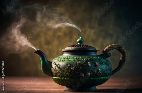 Traditional Japanese hot drink with a Japanese teapot releasing a soft steam, perfect for authentic photos. Generative AI