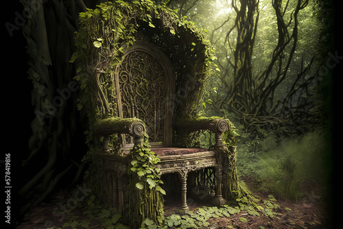 A forgotten iron throne, covered by nature and grass. A perfect illustration to represent a kingdom without a king with a fantastic atmosphere. Generative AI
