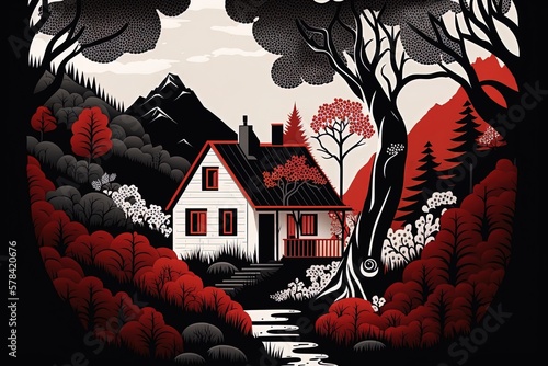 Fotografiet artistic red-white-and-black image of a mountainside home among verdant foliage