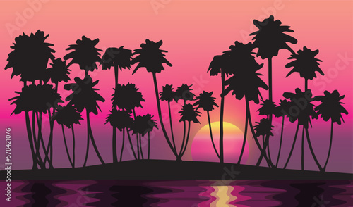 Vector landscape palms silhouettes  at seaside, sunrise, sunset