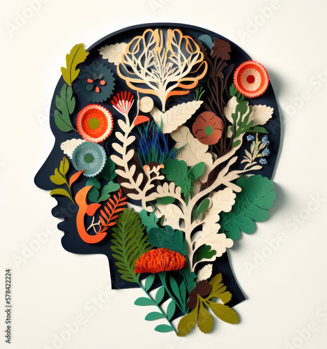 Wallpaper Mural Human head blooming garden isolated object of plants and flowers 3d paper cut collage on white background Torontodigital.ca