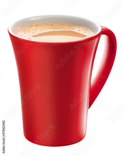 caneca vermelha com café com leite em fundo transparente 