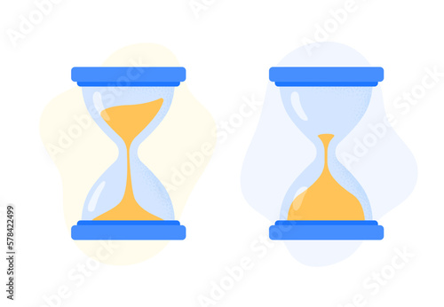 Hourglass with sand inside to measure time. Clock and time, timer, countdown instrument. Vector flat illustrations isolated on the white background.