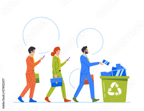 Male And Female Business Characters Throw Mobile Phones Into Litter Bin. Concept Of Taking Break From Technology