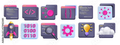 3D code icon set, abstract api, technology computer design, vector business programming frame. Java web development html concept, UI program interface window. 3D code graphic website clipart