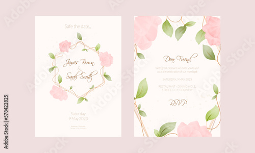 Invitation for the wedding, front and back sides with flowers drawn in watercolor style with roses