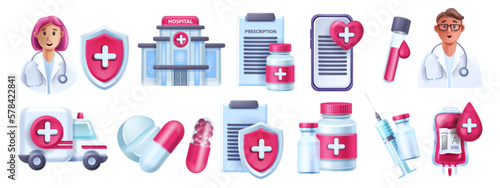 3D medic icon set, ambulance car, medical car, pharmacy hospital building, vector pulse line. Emergency help concept, treatment aid blood bag, pills, blood bag, cardio sign. 3D medical object kit