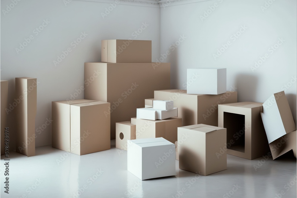 Pile of cardboard boxes near the wall indoors, space for text. moving day. generative AI Pile of cardboard boxes near the wall indoors, space for text. moving day. generative AI