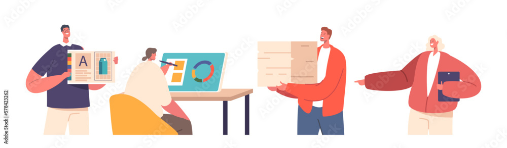 Printing House Workers, Advertising Agency Staff, Polygraphy Industry Personnel Male And Female Characters, Designers Printing House Workers, Advertising Agency Staff, Polygraphy Industry Personnel Male And Female Characters, Designers