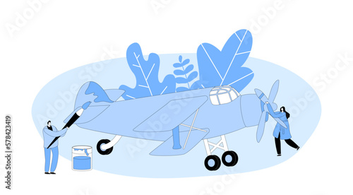 Aircraft Modeling Creative Hobby Concept. Tiny Male And Female Characters Assembling Huge Airplane Model
