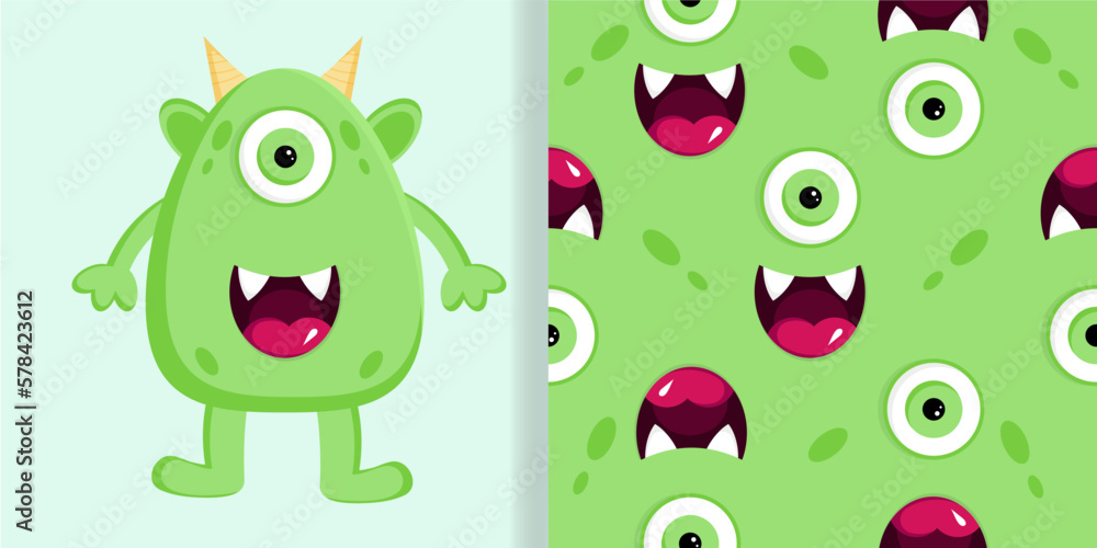 Obraz premium Funny one eye monster and monster face seamless pattern