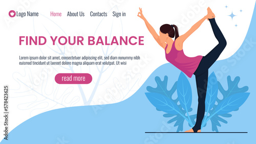 Template for web  landing page with girl doing yoga exercises.