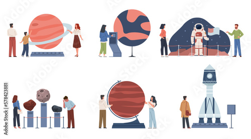 Planetarium people. Curious visitors to astronomy museum, space objects, rocket model, spacesuit and mock-ups of planets, men women and kids education, nowaday vector cartoon flat set