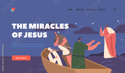 The Miracles of Jesus Landing Page Template. Biblical Scene with Jesus Walking On Water, while Apostles Sitting In Boat