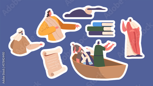 Set of Biblical Stickers Jesus Walking On Water, Apostles or Disciples Sitting In Boat. Religious Or Spiritual Concept