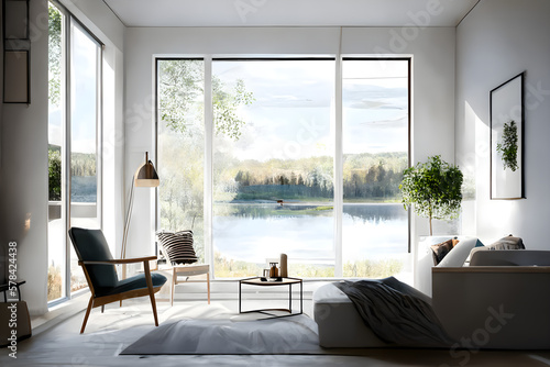 Illustration of a modern minimalist living room in an apartment with a lake outside the house 