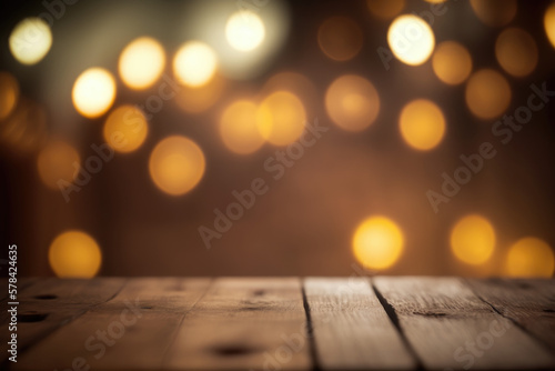 An inviting and warm depiction of a wooden table, complete with subtle textures and a blurred bokeh background. The soft and warm color palette creates a cozy and comfortable atmosphere. Generative AI