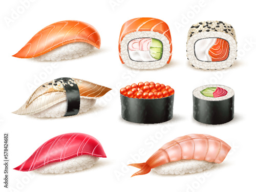 Realistic sushi. Japanese traditional food with fresh fish, vegetables and seafood, rice wrapped in nori seaweed, 3d isolated rolls, salmon, shrimp and caviar, asian snack utter vector set