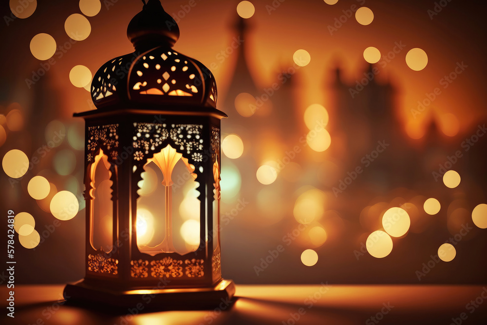 Arabic lantern with burning candle. Generative AI Arabic lantern with burning candle. Generative AI