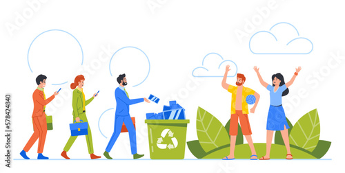 Digital Detox Concept With People Throw Out Phones Into Litter Bin And Walk On Nature Cartoon Vector Illustration