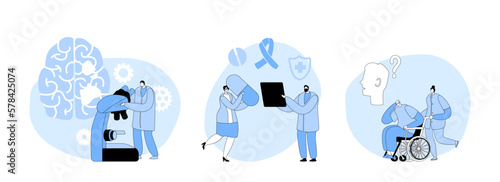 Set Alzheimer Disease. Doctor With Microscope Learning Sick Human Brain With Medical Icons And Awareness Ribbon