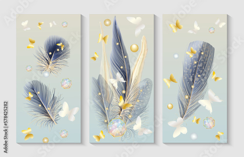 Set of modern creative gold and blue feather and butterflies. Illustrations for home decor, banners, and prints. Vector illustration.