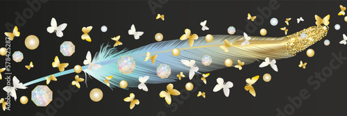 Art wallpaper with golden and blue feathers and gold butterflies. Modern creative design for home decor, banners, and prints. Vector illustration.