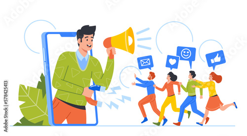 Referral Program Business Concept. Salesman Character Shouting to Megaphone Attracting Audience to Refer Friends