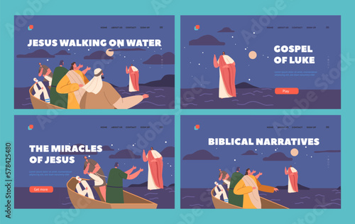 Biblical Landing Page Template Set. Jesus Walking On Water Surrounded By Waves And With His Disciples In Boat