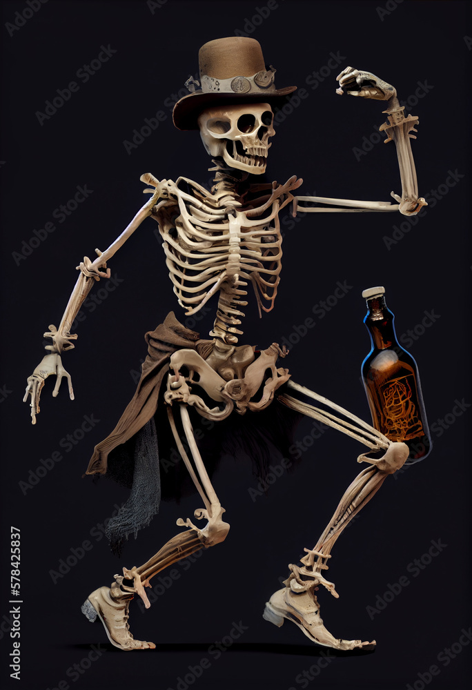 A skeleton in a hat and coat is dancing on stage. AI Generated