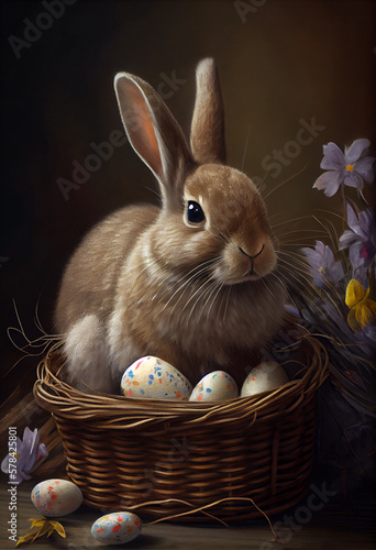 Easter basket with colored eggs and a fluffy rabbit. AI Generated