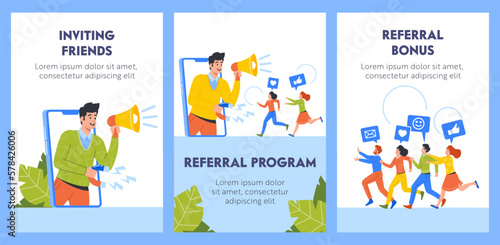 Referral Program Business Banners. Salesman Character Shouting to Megaphone Attracting Audience to Refer Friends