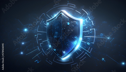 background with glowing lights and a shield. Cyber data protection.