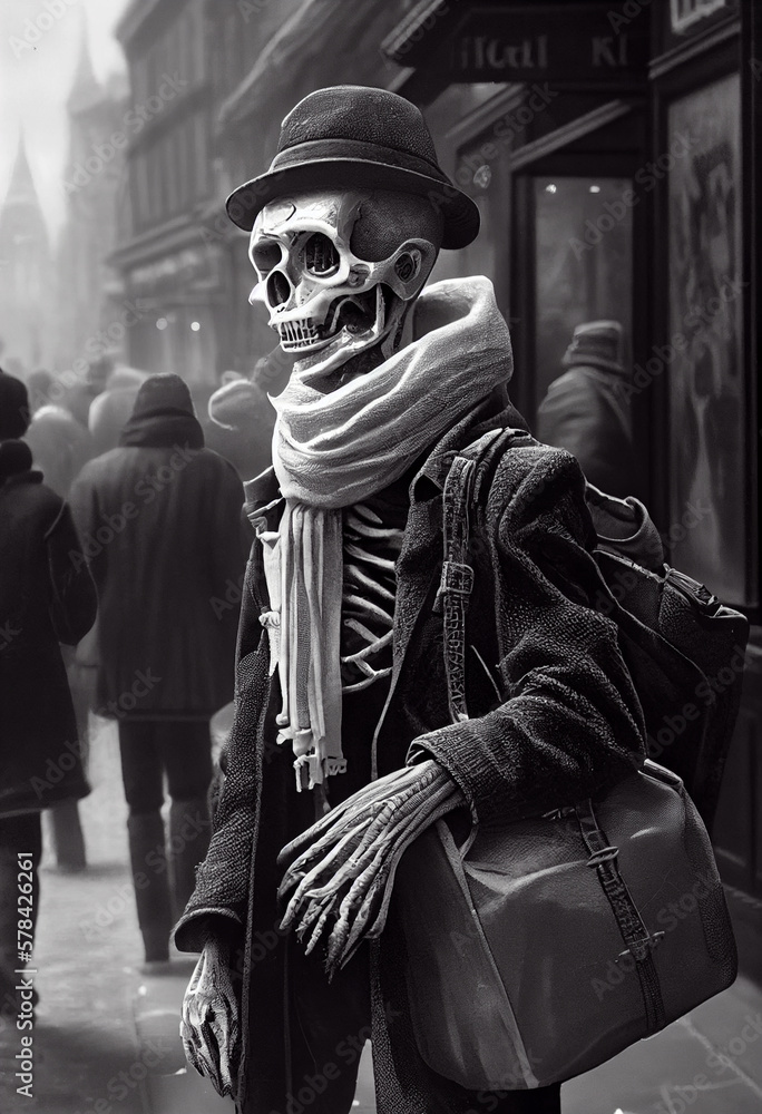 Skeleton walks around the city. AI Generated