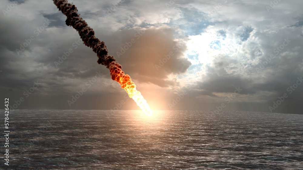 3d rendering, Meteor asteroid impact the ocean creating shockwave