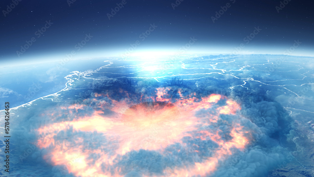 3d rendering, Massive explosion with large shockwave on earth from outer space, 