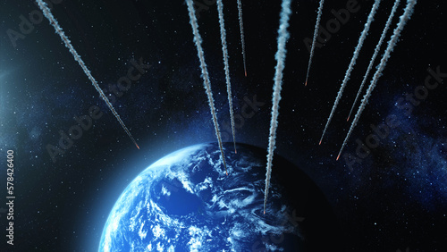 3d rendering,Multiple asteroids Heading planet earth, 2022, outer space view
