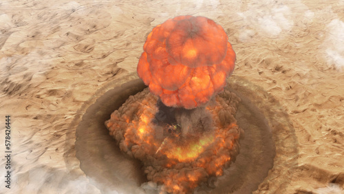 3d rendering, uge nuclear bomb explosion with a mushroom cloud over desert, 
weapon of mass destruction tested over desert non populated area photo
