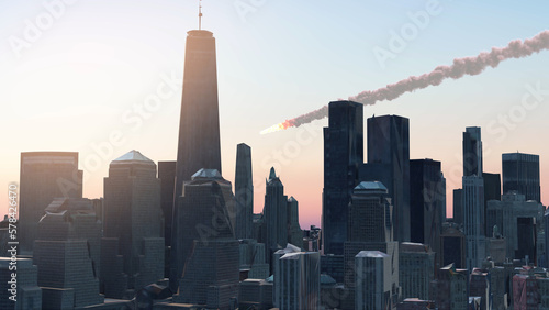 3d rendering, Drone view of meteors or missiles burning over Manhattan city, usa, 2023 photo