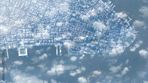 New york downtown Manhattan skyscrapers and river, above clouds, 2023