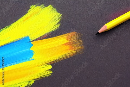 Yellow drawing pencil art design or education stationery equipment on creative color background with crayon paint writing object tool. 3D rendering - generative ai