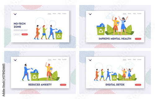 Digital Detox Landing Page Template Set. People Throw Phones Into Bin And Walk On Nature. Disconnecting From Technology