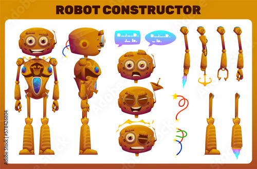 Robot constructor vector illustration, futuristic character design icon set, electronic equipment and humanoid animation concept, robot element with different poses, cybernetic objects , body parts 
