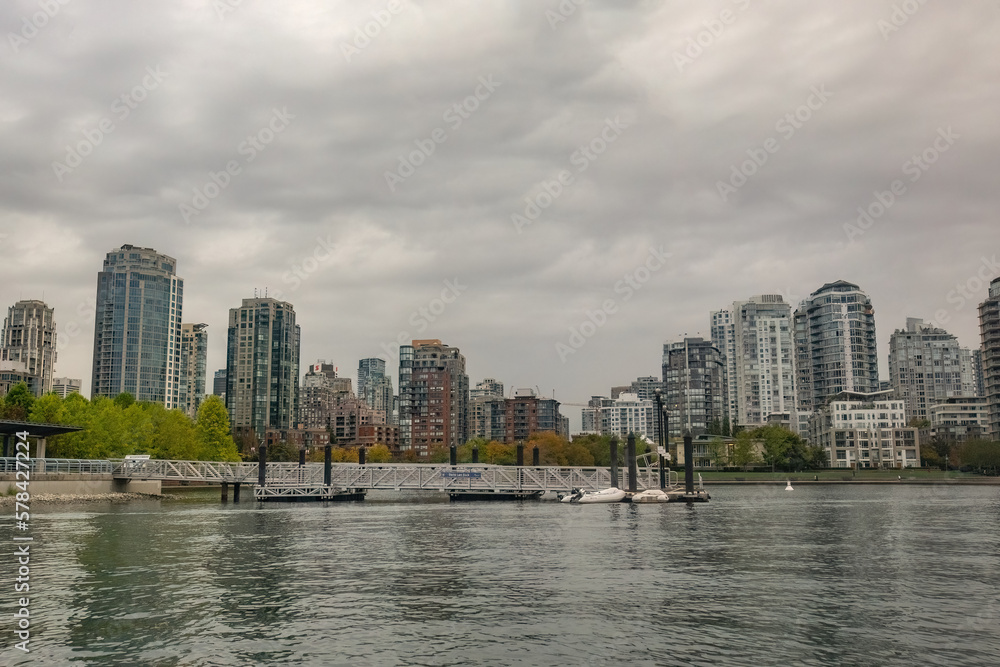 Granville island marina and residential buildings in Vancouver downtown Canada