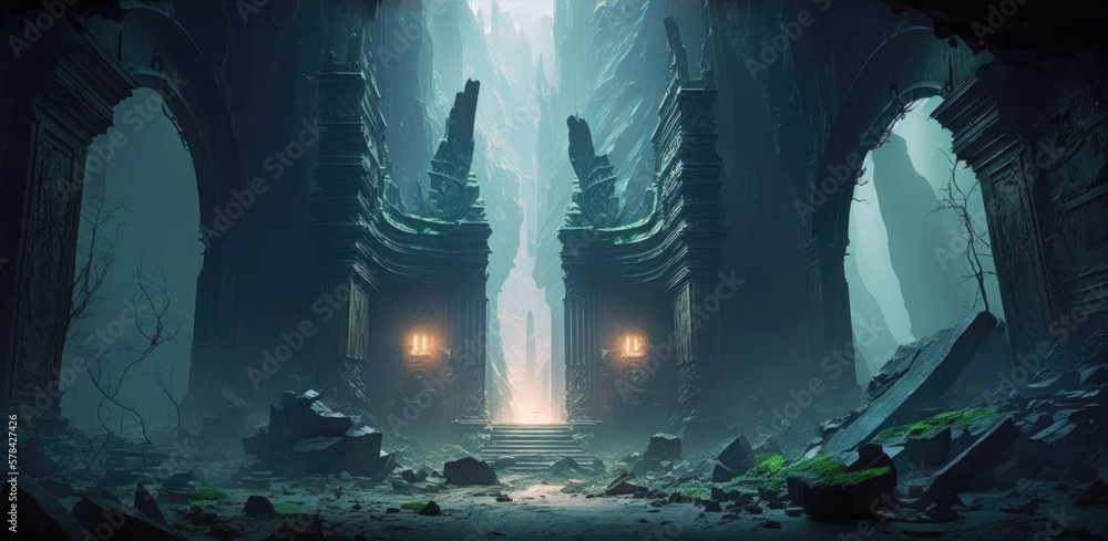 Misty mountain carved cave chamber with mysterious underworld entrance ...