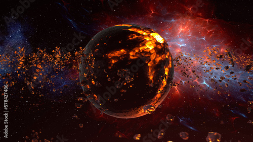3D rendering of deep red space with dying star, lava and asteroids surrounding.