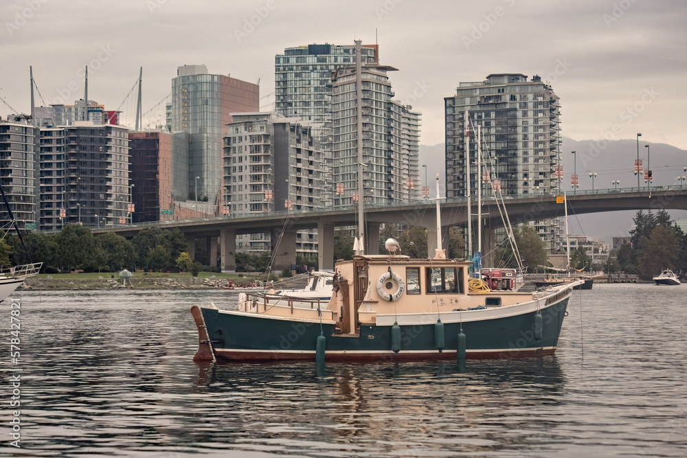 Granville island marina and residential buildings in Vancouver downtown Canada