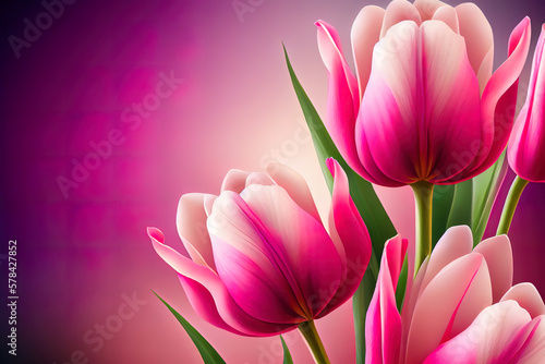 Mothers day colored flowers composition with beautiful pink tulips on white background. Generative Ai